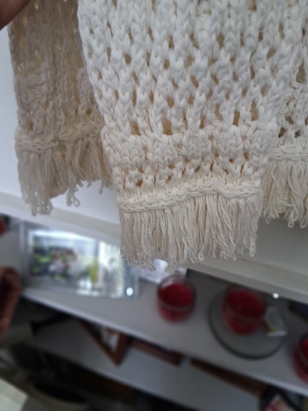 Zara Ivory Open-Knit V-Neck Sweater with Fringe - Picture 5 of 5